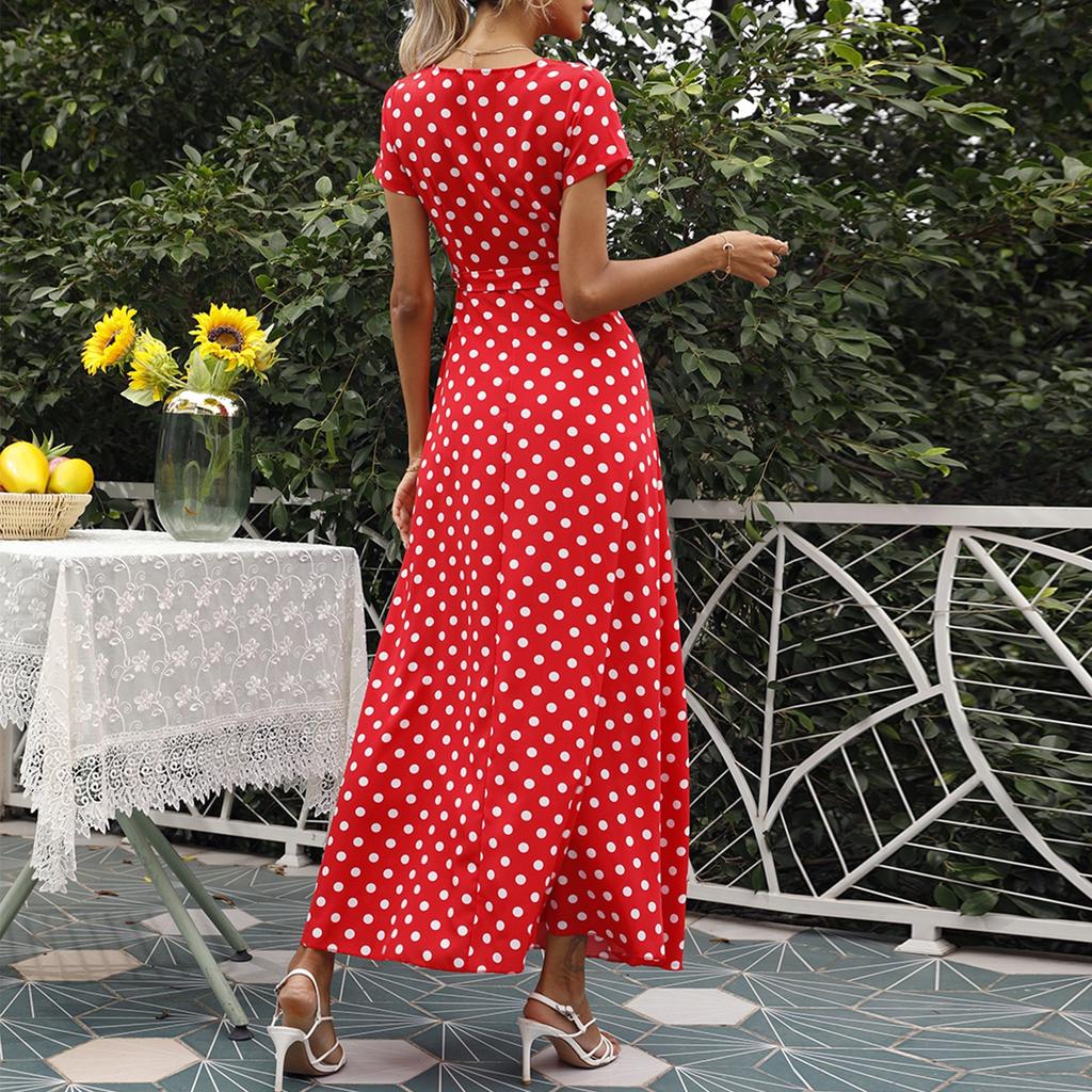 Women's Dresses Casual Elegant Waisted Polka Dot Split V-Neck Short Sleeve Dresses