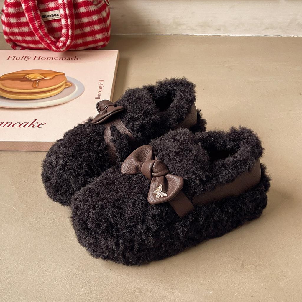 Bow-tie fluffy shoes for women's outer wear 2025 winter new Korean version velvet warm one-pedal Doudou shoes women's shoes cotton shoes