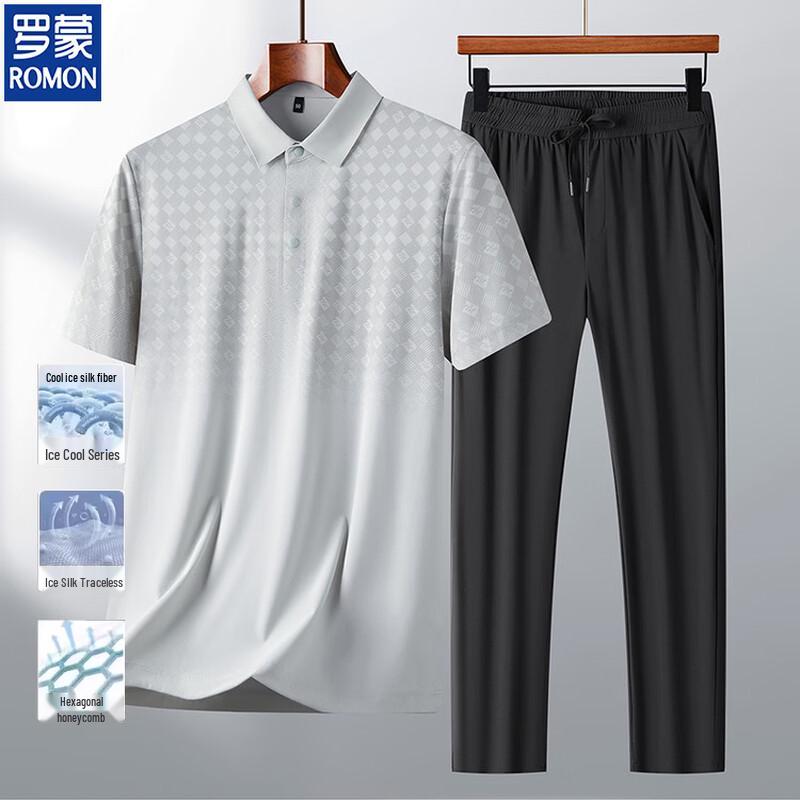 Romon Men's Ice Silk Short-Sleeve Polo Shirt & Pants Set