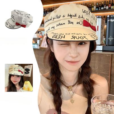 Spring and Autumn Letters Doodle Flat Top Solid Color Print Bow Sunhat Fashion Women's Versatile Casual Beret