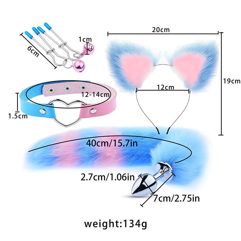 4Pcs Set Cute Fox Butt Tail Collar Anal Plug Nipple Clamp Soft Cat Ears Headbands Cosplay Adult Sex Toys Accessories