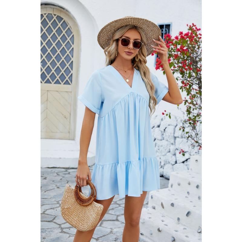 Summer Women's Dress New Solid Color V-Neck Loose Pleated Dresses