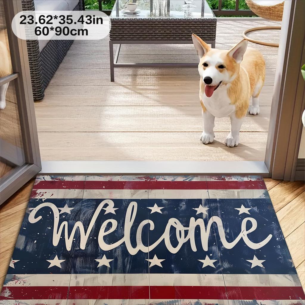 Holiday Christmas Gift: a Rug with a Blue, White, And Red Striped Star Pattern, Suitable for Home Decor. It Can Be Used As a Welcome Mat