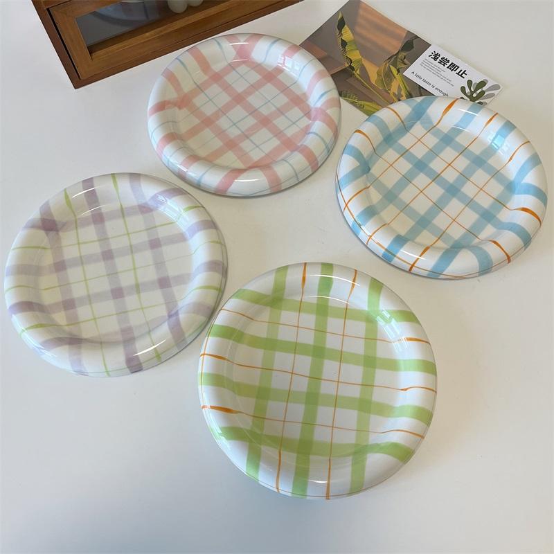 Ceramic Plates Household 6~8 Inch Grid High Aesthetic Dining Tableware Korean New Creative Personalized Cake Desssert Dish
