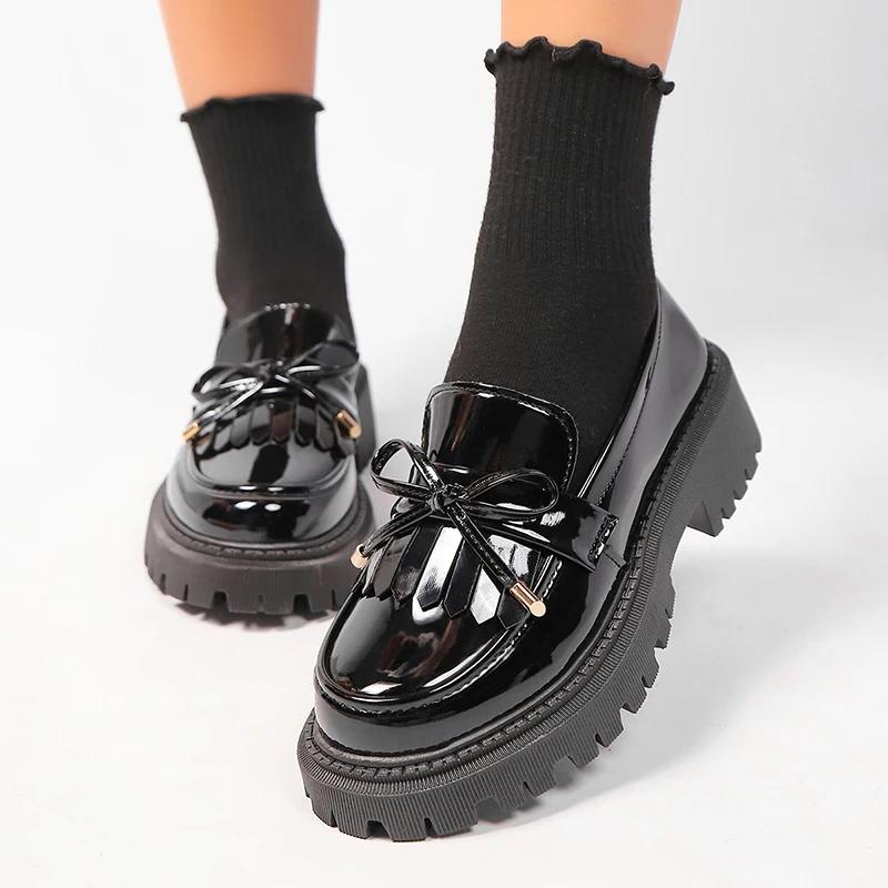 Fashion Women's Shoes Black Bow Knot Pumps for Woman New Style Rounded Toe Platform Pumps Women Loafers Fashion Leather Shoes Sneakers