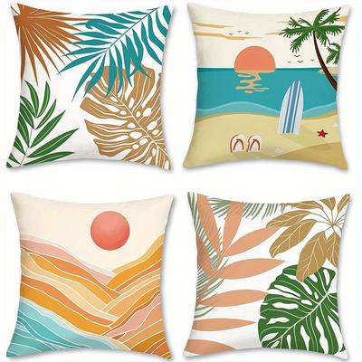 Heimdeko Tropisches Blatt & Strandsonnenuntergang Kissenbezüge Muster Kissenbezug Geeignet für Sofa Schlafzimmer Auto Kissenbezug