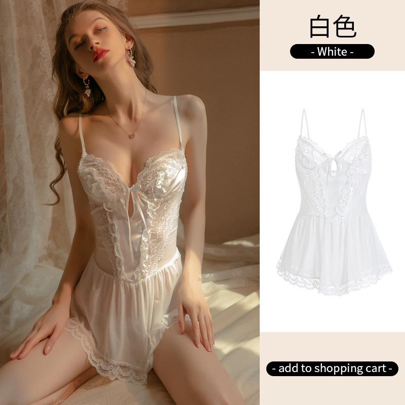 

Летняя тонкая кружевная пижама без спинки женская из чистого кружева, сексуальное искушение, цельная ночная сорочка на бретелях, одежда для дома average size