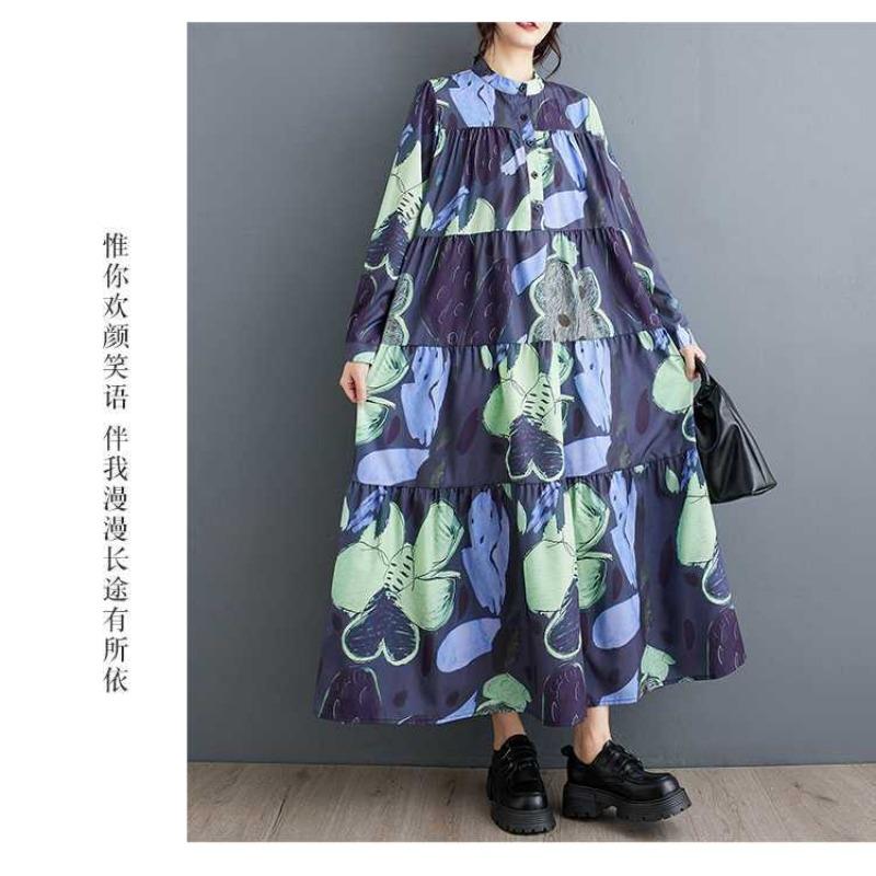 Loose and Thin Fashion Long-sleeved Printed Mid-length Dresses