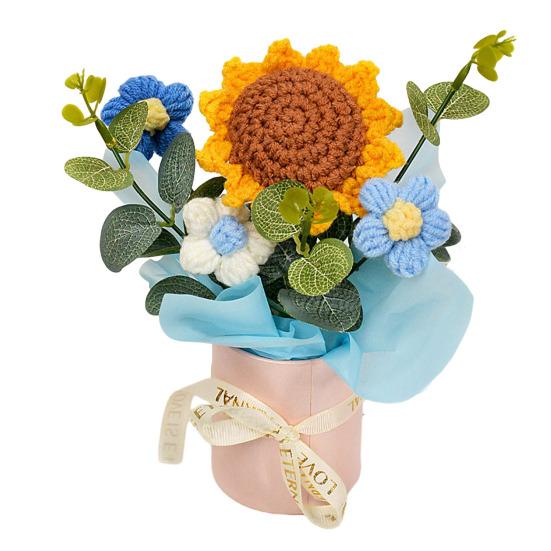Crochet Flower Bouquet Handmade Artificial Knitted Bouquet Fake Sunflower Carnation Tulip Puff Flowers Gifts for Mother Wife On Birthday Anniversary
