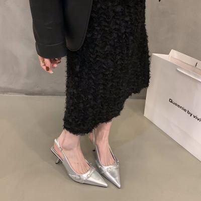 Fransız stiletto siyah çanta başlı sandaletler peri ayakkabıları 2024 yeni ilkbahar ve yaz gümüş tek ayakkabılar sivri burunlu yüksek topuklar