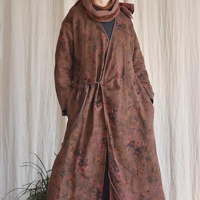 Women Vintage High Quality Bandage Dresses Print Floral V-Neck Long Sleeve Robes Autumn Linen Loose Dress