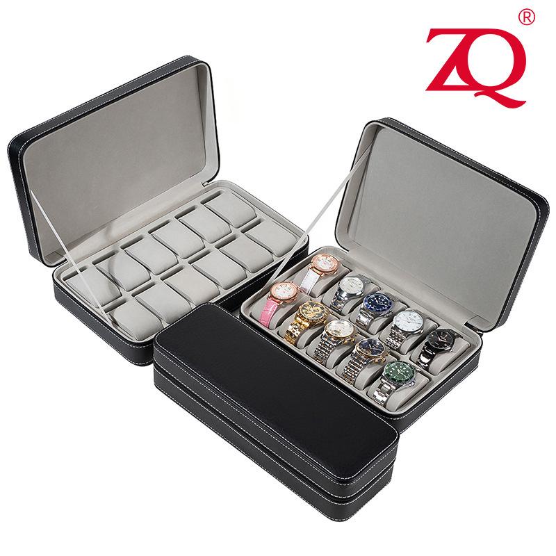 Portable PU Leather Zipper Storage Box for Watches and Jewelry, 6, 10, and 12-Digit Options