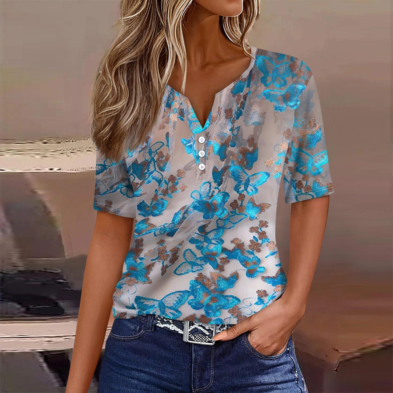 

Рубашки с коротким рукавом для женщин, милые футболки с цветочным принтом и графическим принтом, блузки, повседневные базовые топы больших размеров, пуловеры L циан