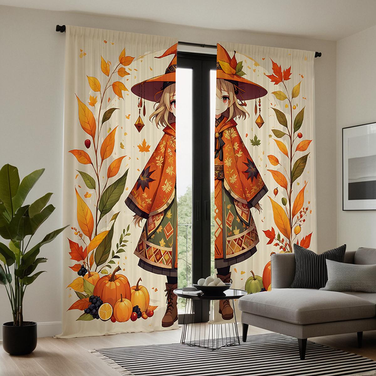 

Комплект из 2 предметов, декоративная занавеска в виде девочки-тыквы с рисунком на День благодарения, с желтым галстуком, с цифровой печатью, стиль украшения дома, декабрь W52H63inchW132H160cm