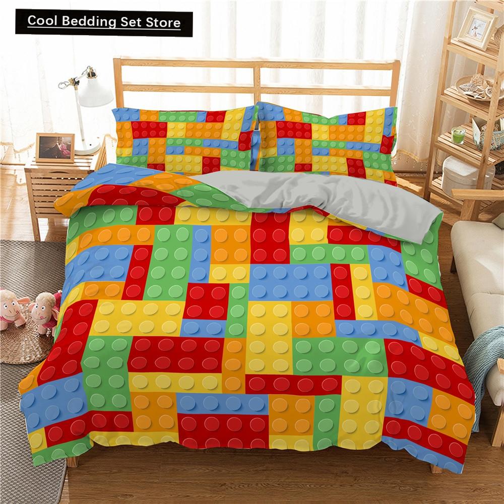 Colorful Toy King Queen Duvet Cover 3D Building Block Pattern Bedding Set Fun Brick Quilt Cover Gradient Rainbow Comforter Cover