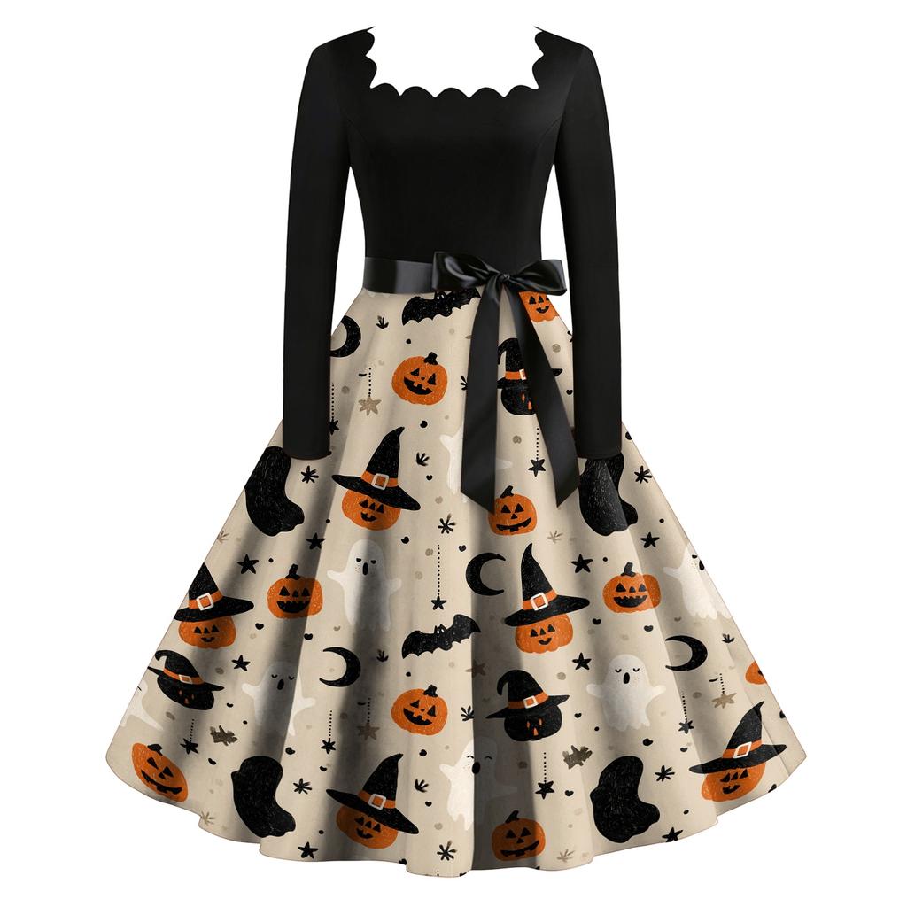 Women's Vintage Long Sleeve Square Neck Halloween Print Party Dress with Flared Skirt and Waist Tie for Evening Events