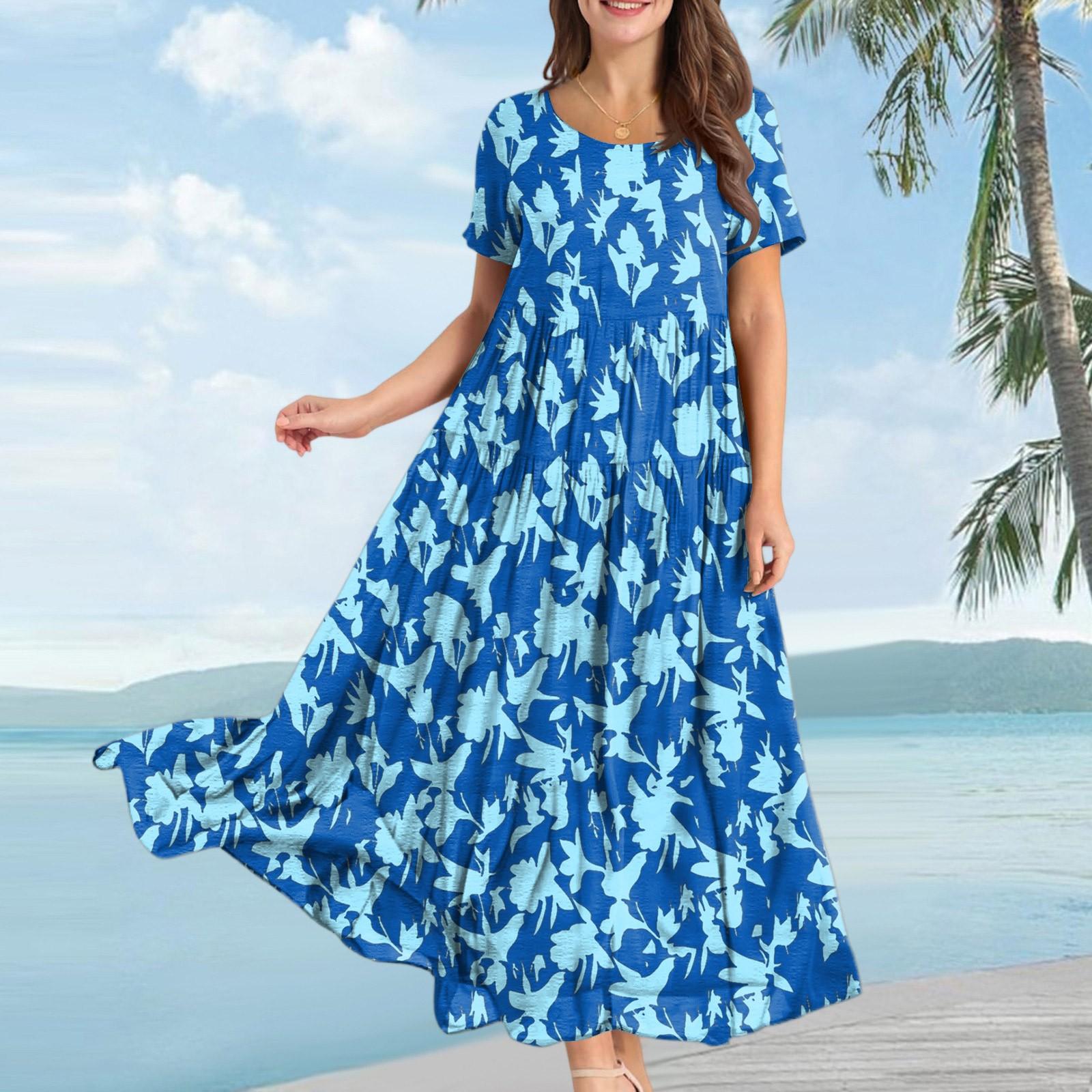 

Жіноча повсякденна вільна богемна квіткова сукня з коротким рукавом, довга літня пляжна гойдалка XXL