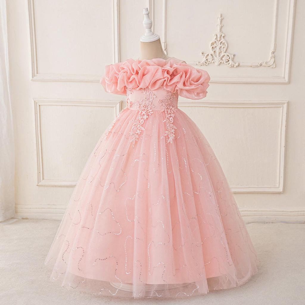 Girls' One-Shoulder Beaded Puff Skirt Evening Dress for Weddings