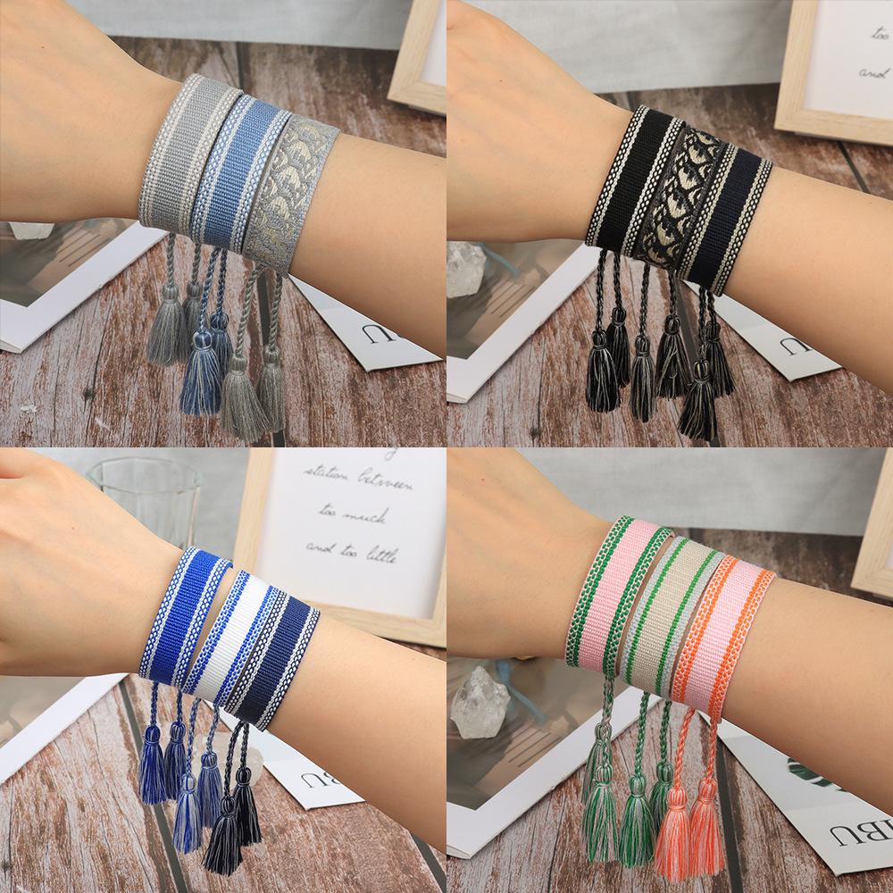 Handmade Bohemian Embroidered Logo Tassel Bracelet - Ethnic Style Friendship Band