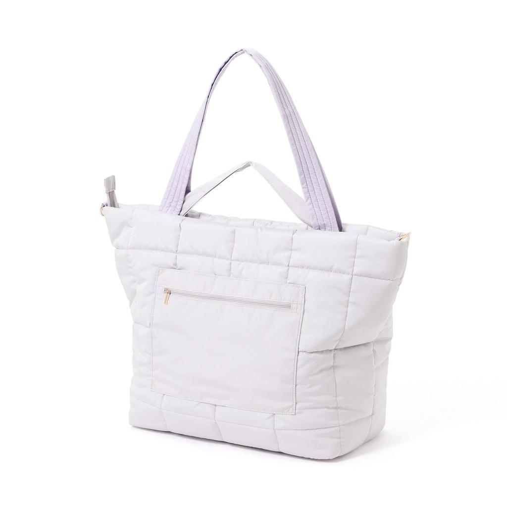 Francfranc Pop Stitch Quilt Travel Bag, Light Gray, Water-Repellent, Expandable, Lightweight, with Water Bottle Holder, Shoulder Strap, and Drawstring