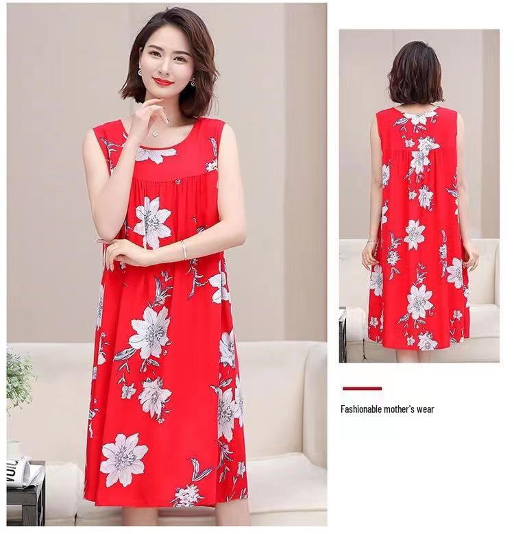 Plus Size Sleeveless Cotton Rayon Dress for Middle-Aged Women