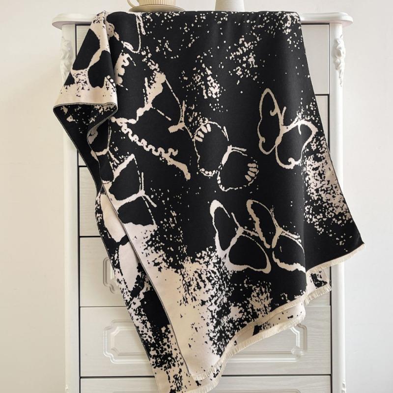 Autumn and Winter Chinese Ink Butterfly Scarf Women's Fashion Warm Imitation Cashmere Dual-purpose Shawl Temperament Versatile Scarf