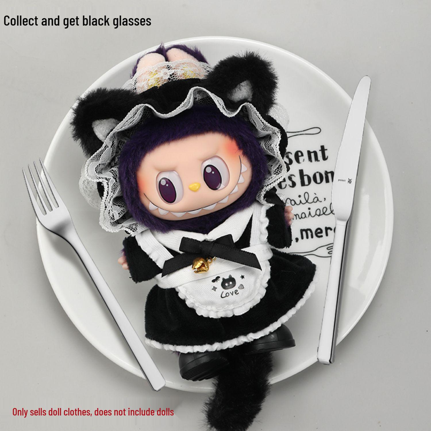 Cat Maid 17cm La La Bu Bu Universal Plush Doll Outfit Set for 1st, 2nd, 3rd Gen Cat Maid (Ears + Apron + Skirt + Tail + Glasses)