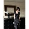 Women's Summer Casual New Lace Temperament Long Dress Small Fly Sleeves Black Floral Suspender Dress