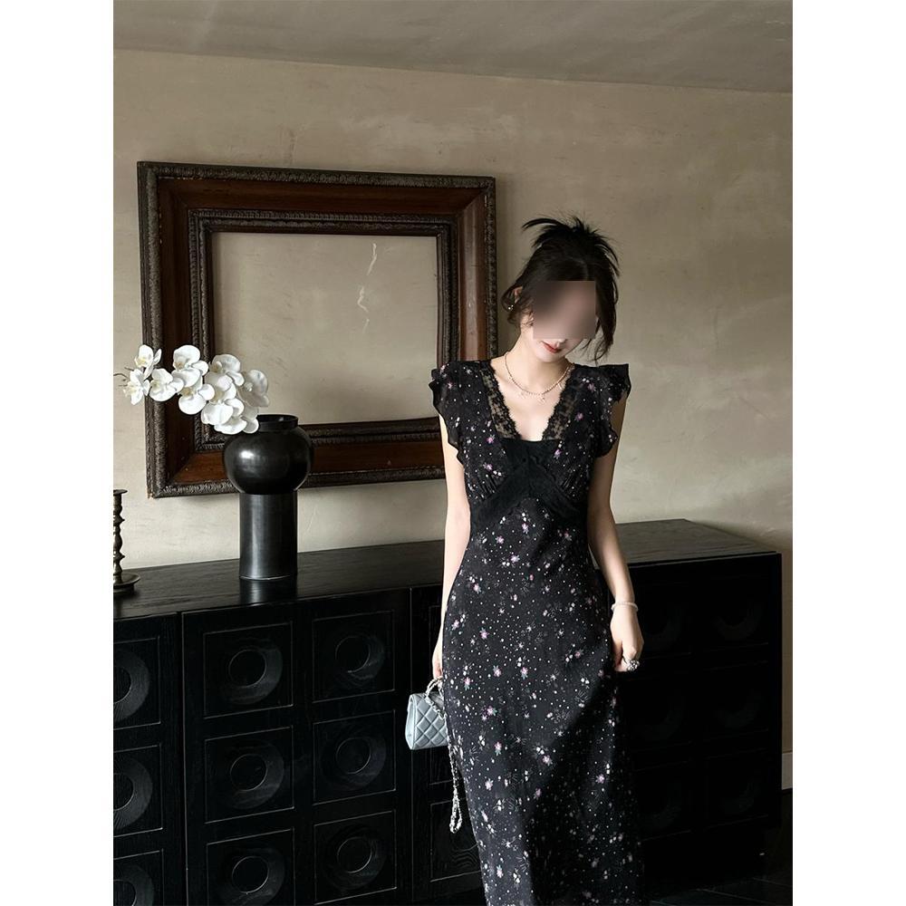 Women's Summer Casual New Lace Temperament Long Dress Small Fly Sleeves Black Floral Suspender Dress