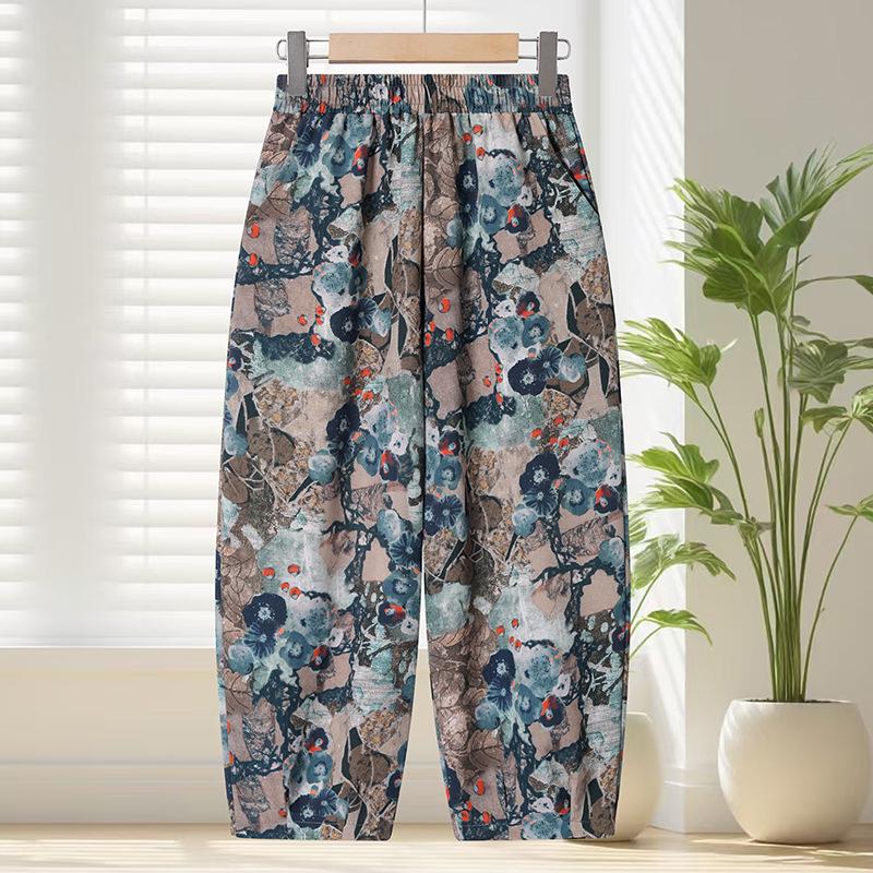 Women s Floral Printed Cotton-Blend Seven-Pocket Summer Pants 2XL