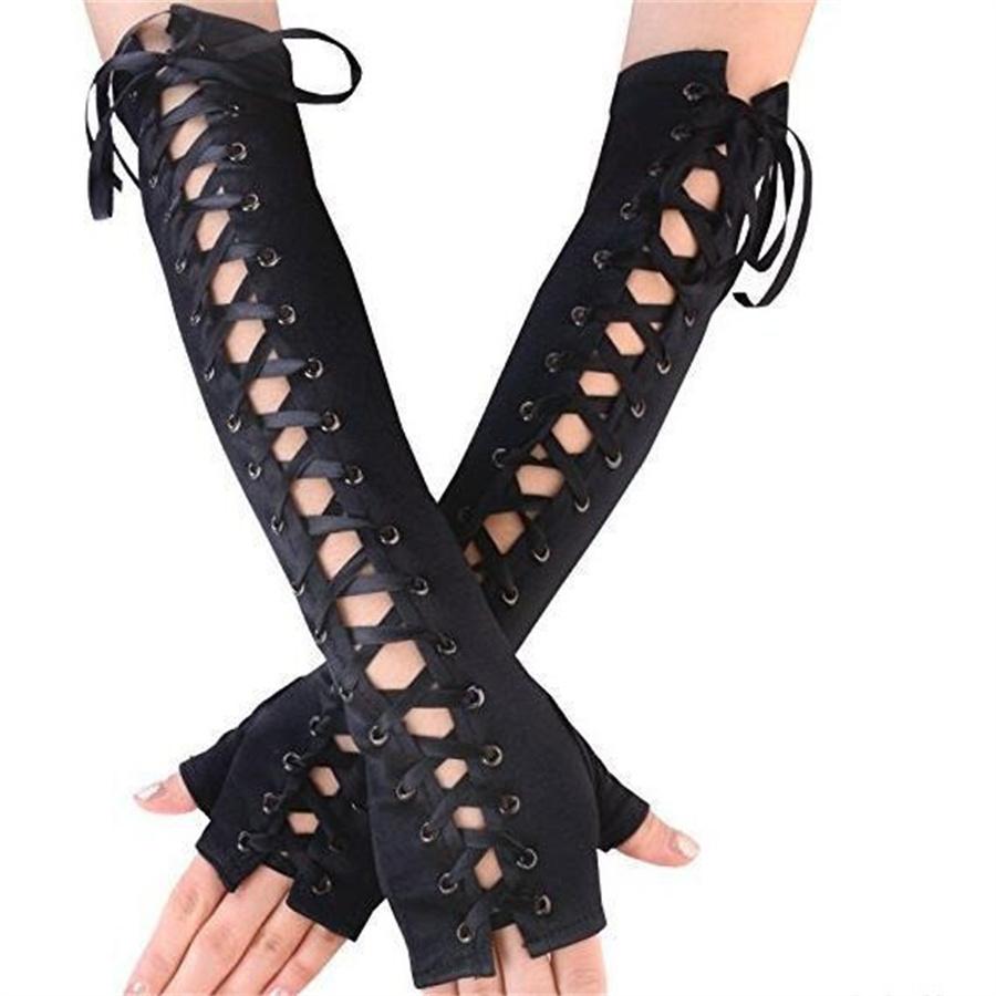 

Women s Gothic Lace-Up Fingerless Long Gloves, Black Satin Arm Warmers for Cosplay, Party, Halloween L чёрный