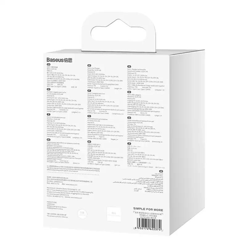 Ładowarka Samochodowa Baseus Superme Usb, Usb-C, 140W (Czarna)