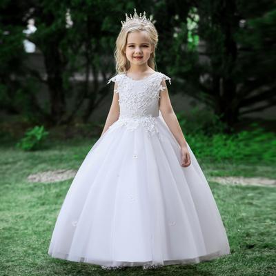 Girls' Princess Dress for Spring & Summer: White Flower Girl Wedding & Birthday Costume