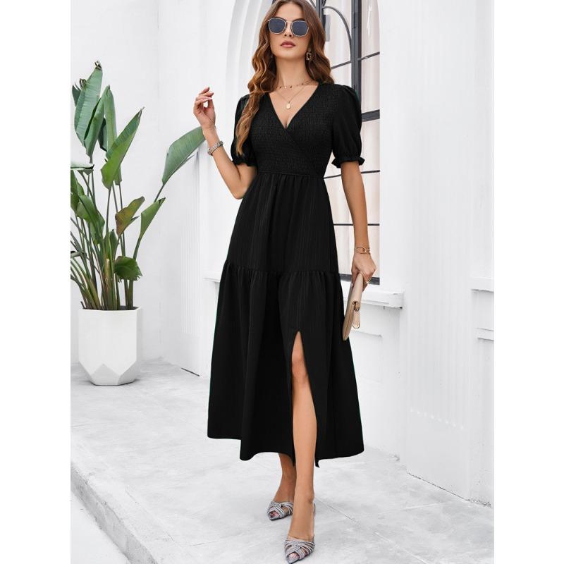 Summer Women's Dress Temperament Solid Color V-neck Short-sleeved Long Dress