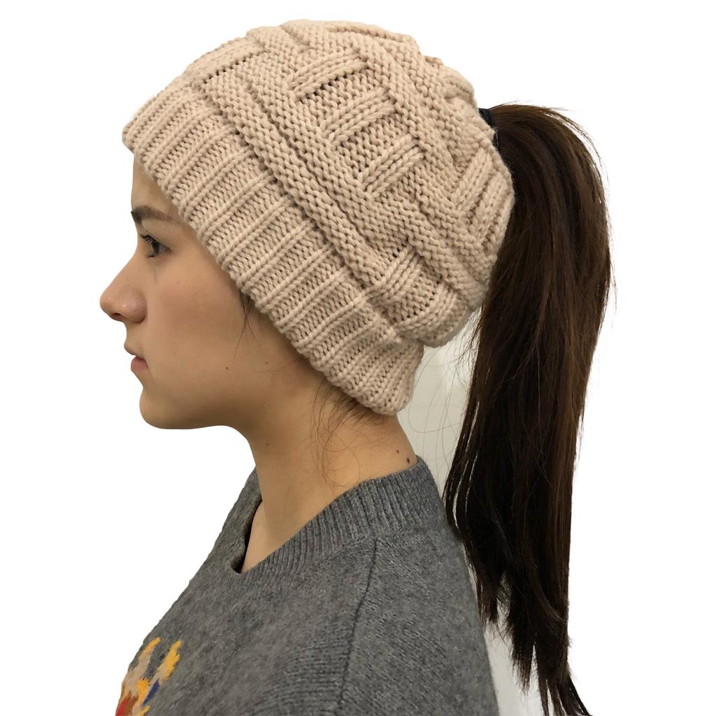 Women Autumn Winter Warm Kitting Hat for Ponytail Girls