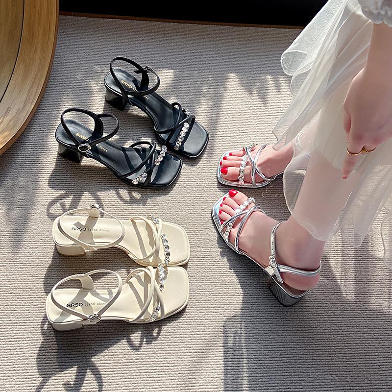 French rhinestone open-toed sandals female 2025 summer new beautiful high heels thick heel versatile fairy wind beach shoes
