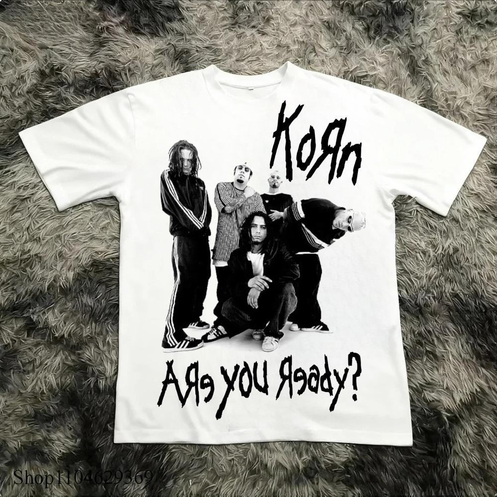 T-shirt in Cotone Stampata Korn Follow The Leader Double-Sided Metal Band Tee Top Oversize per Coppia Uomo e Donna