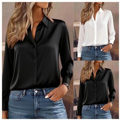 Nová jesenná jednofarebná košeľa s dlhým rukávom a golierom pre ženy