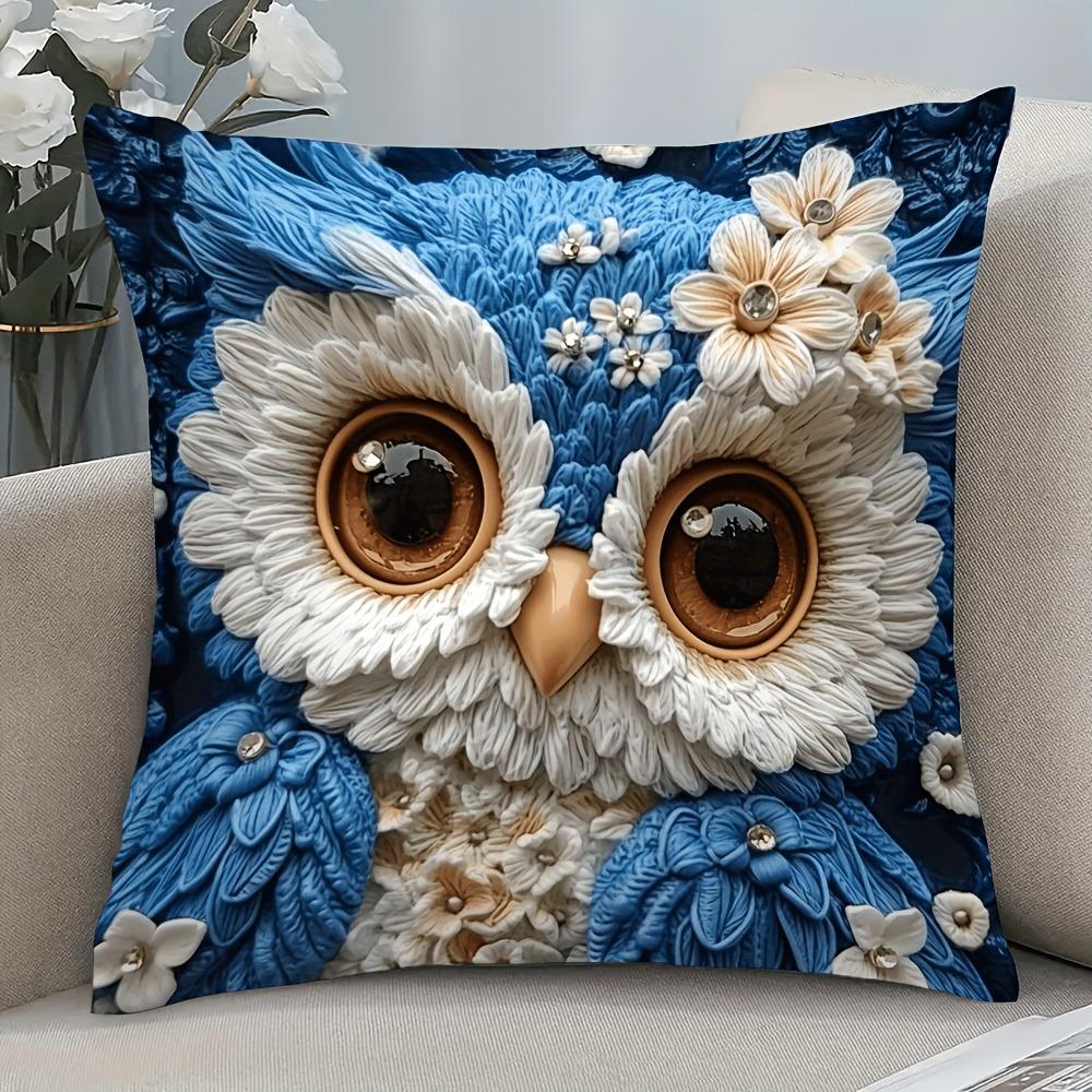 

Blue feather cute owl pillowcase, living room trend cute style decoration single product 45X45