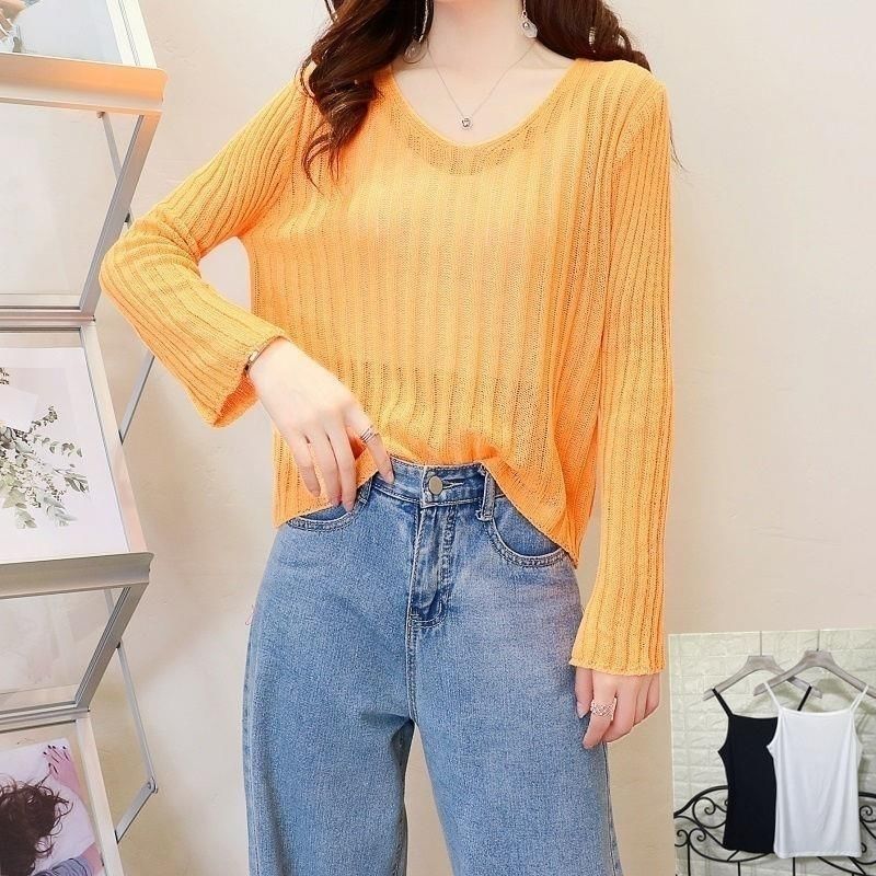 Autumn Women's Korean Version V-neck Hollowed Out Long Sleeved Knitted Sweater Loose and Fashionable Pure Short Top