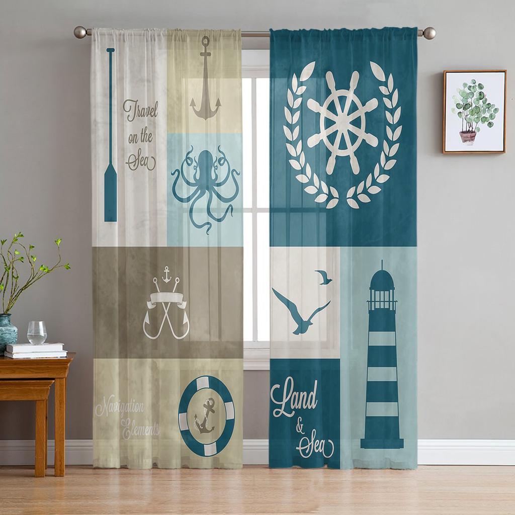 Elemente marine Farul Vas Perdele transparente pentru sufragerie Perdele moderne din voal Dormitor Perdele din tul Draperii pentru fereastră Decor
