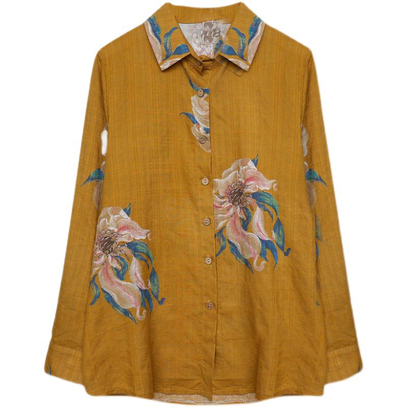 Women's Retro Floral Cotton Linen Shirt - Plus Size, Loose Fit, Long Sleeve, Spring/Autumn