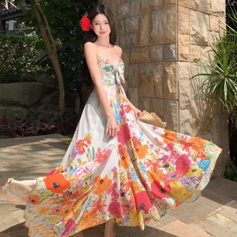 Coffee Break French Pure Desire Color Broken Flowers Suspender Straps High Waist Holiday Dress Bohemian Seaside Long Dress