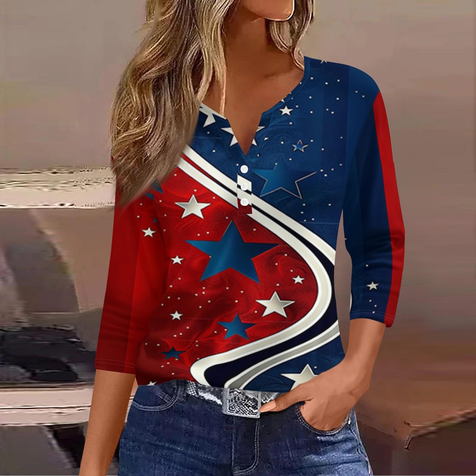 

Women s Fashion Casual Independence Day American Flag Stars and Stripes Print Collar V-Neck Three-Quarter Sleeve Decorative Button-Up T-Shirt Top S синий