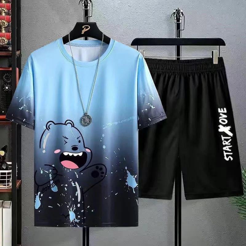 Summer Casual Suit Men's Ultra-thin Quick-dry Ice Silk Short Sleeved T-shirt Sports 5-minute Shorts Running 2-piece Set
