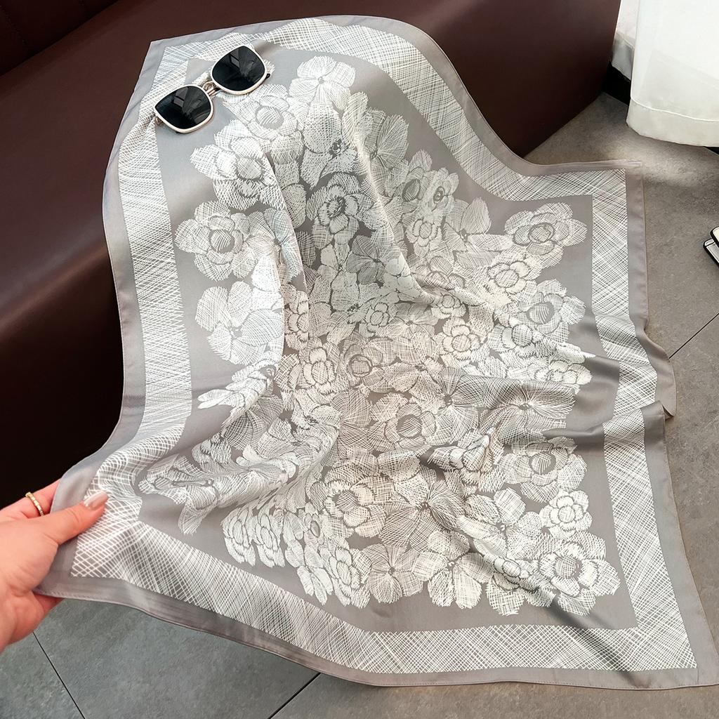 Spring and Autumn Light Plant Floral Print Neck Protector Scarf Twill Literary Square Scarf Premium Foreign Commuter Shawl