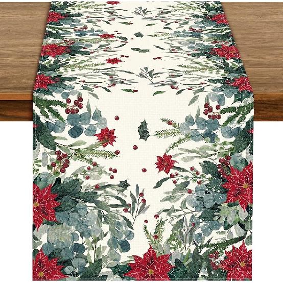 72 X 13 Inch Christmas Table Runner – Red and Black Plaid Christmas Tree and Ornament Holiday Table Decoration with Snowflakes for Dining Room,