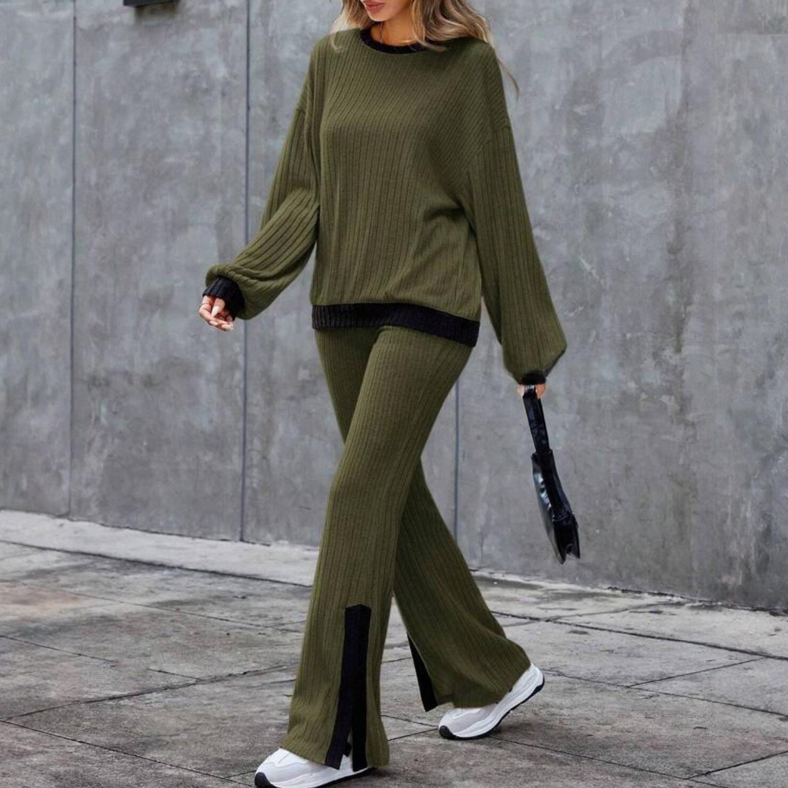 

Женский модный топ с цветными блоками, круглым вырезом и длинными рукавами, брюки кэжуал с разрезом и высокой талией, свободный домашний костюмный набор M