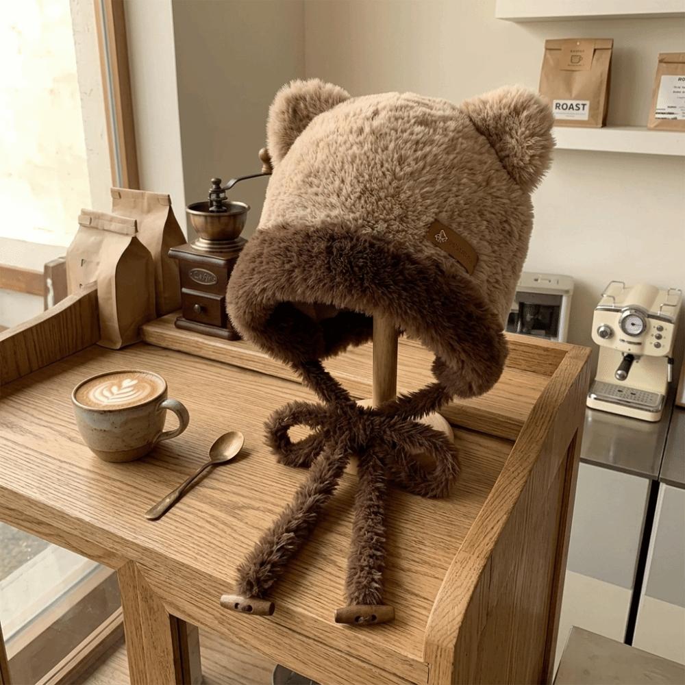 Bear Ear Fuzzy Ear Flap Hat 56-59CM Winter Thermal Hat Cute Plush Trapper Hat Outdoor Use