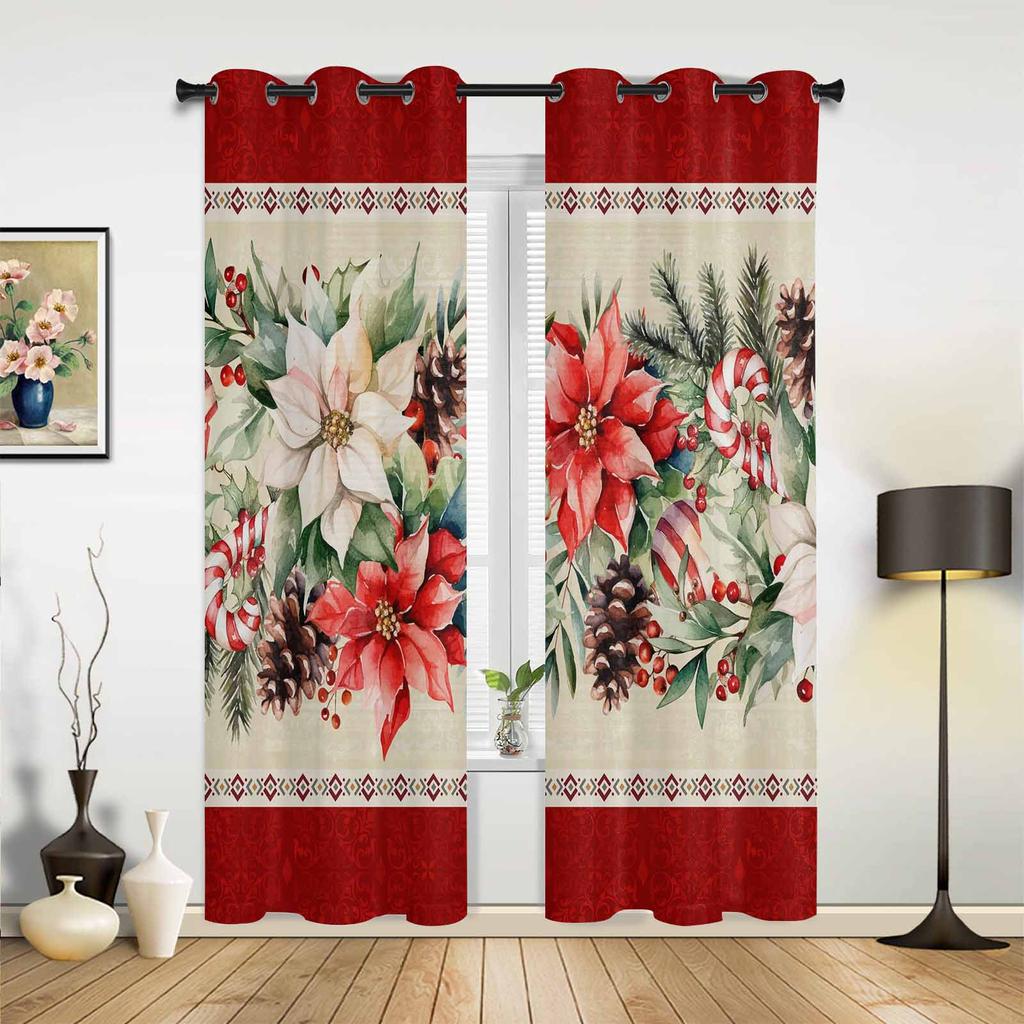 Christmas Ball Poinsettia Print Curtains for Bedroom Living Room Drapes Kitchen Study Room Window Curtain Home Decoration